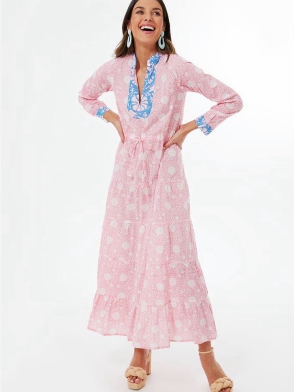 Pink Maxi Dress with Blue Trim